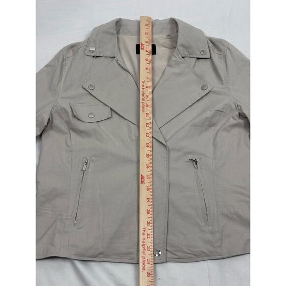 Tahari Women’s M Linen Tan Gray Moto Zip Up Jacket Utility Biker Western - Picture 2 of 8